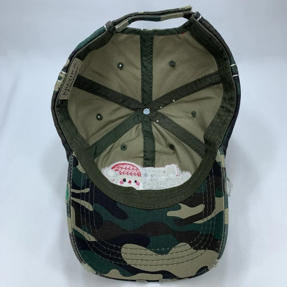 Merry Christmas Y'all! Santa Hat Ladies Camo Adjustable Distressed Baseball Cap